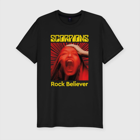 Мужская футболка хлопок Slim с принтом Rock Believer Album в Петрозаводске, 92% хлопок, 8% лайкра | приталенный силуэт, круглый вырез ворота, длина до линии бедра, короткий рукав | metal | rock | rock believer | scorpions | глэм метал | клаус майне | маттиас ябс | метал | микки ди | павел мончивода | рок | рудольф шенкер | скорпион | скорпионс | хард рок | хеви метал