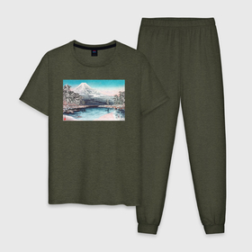 Мужская пижама хлопок с принтом Mt. Fuji from Tagonoura, Snow Scene (Гора Фудзи) в Тюмени, 100% хлопок | брюки и футболка прямого кроя, без карманов, на брюках мягкая резинка на поясе и по низу штанин
 | japan | винтаж | горы | море | природа | фудзи | япония | японская анимация | японская эстетика | японский стиль