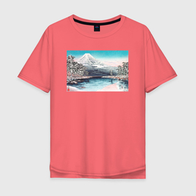 Мужская футболка хлопок Oversize с принтом Mt. Fuji from Tagonoura, Snow Scene (Гора Фудзи) в Тюмени, 100% хлопок | свободный крой, круглый ворот, “спинка” длиннее передней части | japan | винтаж | горы | море | природа | фудзи | япония | японская анимация | японская эстетика | японский стиль
