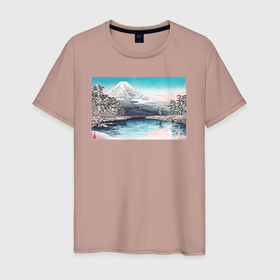 Мужская футболка хлопок с принтом Mt. Fuji from Tagonoura, Snow Scene (Гора Фудзи) в Новосибирске, 100% хлопок | прямой крой, круглый вырез горловины, длина до линии бедер, слегка спущенное плечо. | Тематика изображения на принте: japan | винтаж | горы | море | природа | фудзи | япония | японская анимация | японская эстетика | японский стиль