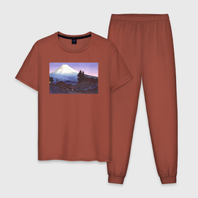 Мужская пижама хлопок с принтом Mikuho (Fuji) during 20th century (Гора Фудзи) в Тюмени, 100% хлопок | брюки и футболка прямого кроя, без карманов, на брюках мягкая резинка на поясе и по низу штанин
 | japan | винтаж | горы | пейзаж | природа | фудзи | япония | японская анимация | японская эстетика | японский стиль