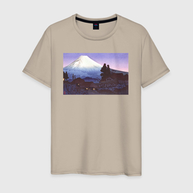 Мужская футболка хлопок с принтом Mikuho (Fuji) during 20th century (Гора Фудзи) в Новосибирске, 100% хлопок | прямой крой, круглый вырез горловины, длина до линии бедер, слегка спущенное плечо. | japan | винтаж | горы | пейзаж | природа | фудзи | япония | японская анимация | японская эстетика | японский стиль