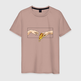 Мужская футболка хлопок с принтом Creation of Pizza в Санкт-Петербурге, 100% хлопок | прямой крой, круглый вырез горловины, длина до линии бедер, слегка спущенное плечо. | Тематика изображения на принте: вкусный | вкусняшка | еда | искусство | картина | микеланджело | пицца | сикстинская капелла | сотворение адама | сотворение пиццы | средневековье | фреска