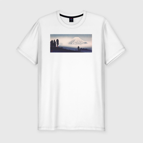 Мужская футболка хлопок Slim с принтом Mount Fuji (1932)   Гора Фудзи в Санкт-Петербурге, 92% хлопок, 8% лайкра | приталенный силуэт, круглый вырез ворота, длина до линии бедра, короткий рукав | japan | винтаж | горы | пейзаж | природа | фудзи | япония | японская | японская анимация | японская эстетика | японский стиль