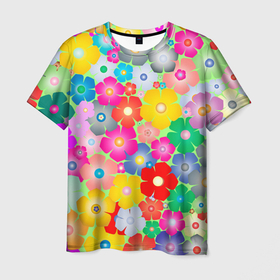 Мужская футболка 3D с принтом цветочки фон в Екатеринбурге, 100% полиэфир | прямой крой, круглый вырез горловины, длина до линии бедер | background | colorful | flowers | multicolor | мультицвет | разноцветный | фон | цветочки | цветы