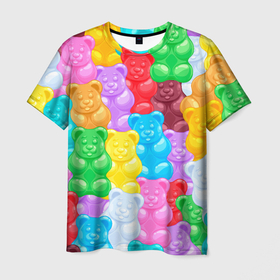 Мужская футболка 3D с принтом мармеладные мишки разноцветные в Екатеринбурге, 100% полиэфир | прямой крой, круглый вырез горловины, длина до линии бедер | background | bear | bears | colorful | gummy bears | haribo | marmalade | multicolor | sweets | мармелад | мармеладные мишки | медведи | медведь | мишки | мультицвет | разноцветный | сладости | фон | харибо