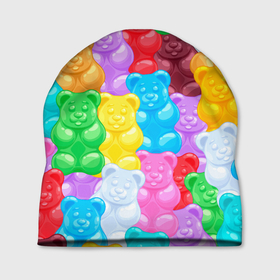 Шапка 3D с принтом мармеладные мишки разноцветные в Кировске, 100% полиэстер | универсальный размер, печать по всей поверхности изделия | background | bear | bears | colorful | gummy bears | haribo | marmalade | multicolor | sweets | мармелад | мармеладные мишки | медведи | медведь | мишки | мультицвет | разноцветный | сладости | фон | харибо