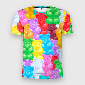 Мужская футболка 3D Slim с принтом мармеладные мишки разноцветные , 100% полиэстер с улучшенными характеристиками | приталенный силуэт, круглая горловина, широкие плечи, сужается к линии бедра | Тематика изображения на принте: background | bear | bears | colorful | gummy bears | haribo | marmalade | multicolor | sweets | мармелад | мармеладные мишки | медведи | медведь | мишки | мультицвет | разноцветный | сладости | фон | харибо