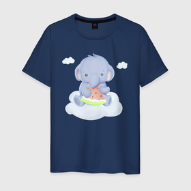 Мужская футболка хлопок с принтом Милый Слонёнок На Облаке Кушает Арбуз в Екатеринбурге, 100% хлопок | прямой крой, круглый вырез горловины, длина до линии бедер, слегка спущенное плечо. | animals | beast | cute | животные | звери | милый | слон | слонёнок