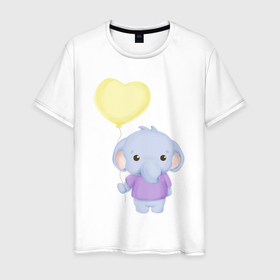 Мужская футболка хлопок с принтом Милый Слонёнок С Шариком в Екатеринбурге, 100% хлопок | прямой крой, круглый вырез горловины, длина до линии бедер, слегка спущенное плечо. | animals | beast | cute | животные | звери | милый | слон | слонёнок