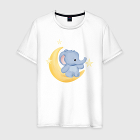 Мужская футболка хлопок с принтом Милый Слонёнок На Облаке Со Звездами , 100% хлопок | прямой крой, круглый вырез горловины, длина до линии бедер, слегка спущенное плечо. | animals | beast | cute | животные | звери | милый | слон | слонёнок