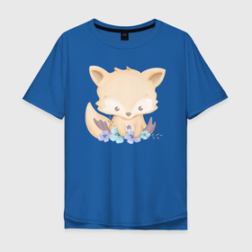 Мужская футболка хлопок Oversize с принтом Милый Лисёнок Сидит С Цветами в Новосибирске, 100% хлопок | свободный крой, круглый ворот, “спинка” длиннее передней части | Тематика изображения на принте: animals | beast | cute | fox | животные | звери | лиса | лисёнок | милый