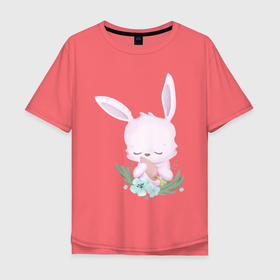 Мужская футболка хлопок Oversize с принтом Милый Крольчонок С Морковкой И Цветами в Петрозаводске, 100% хлопок | свободный крой, круглый ворот, “спинка” длиннее передней части | Тематика изображения на принте: animals | beast | cute | hare | rabbit | животные | заяц | звери | кролик | крольчонок | милый