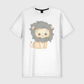 Мужская футболка хлопок Slim с принтом Милый Львёнок Сидит в Новосибирске, 92% хлопок, 8% лайкра | приталенный силуэт, круглый вырез ворота, длина до линии бедра, короткий рукав | Тематика изображения на принте: animals | beast | cute | lion | животные | звери | лев | львёнок