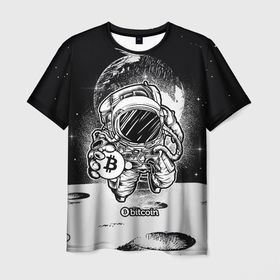 Мужская футболка 3D с принтом Космонавт с  биткоином в Тюмени, 100% полиэфир | прямой крой, круглый вырез горловины, длина до линии бедер | Тематика изображения на принте: bitcoin | crypto | биткоин | космонавт | космос | крипта | крипто | криптовалюта