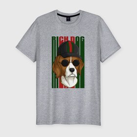 Мужская футболка хлопок Slim с принтом Rich dog в Курске, 92% хлопок, 8% лайкра | приталенный силуэт, круглый вырез ворота, длина до линии бедра, короткий рукав | dog | rich dog | богатство | богатый | богатый пес | пес | песик | собака | собачка