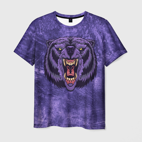 Мужская футболка 3D с принтом Мистический медведь в Екатеринбурге, 100% полиэфир | прямой крой, круглый вырез горловины, длина до линии бедер | голова | гризли | жестокий | злобный | злой | косолапый | лес | лютый | медведище | медведь | мистика | мистический | сердитый | фиолетовый | хищник | хозяин | яростный