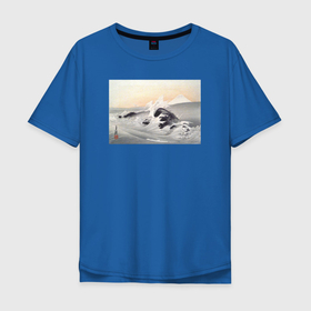 Мужская футболка хлопок Oversize с принтом Fuji Seen from the Sea (Гора Фудзи) в Тюмени, 100% хлопок | свободный крой, круглый ворот, “спинка” длиннее передней части | japan | винтаж | горы | пейзаж | природа | фудзи | япония | японская | японская анимация | японская эстетика | японский стиль