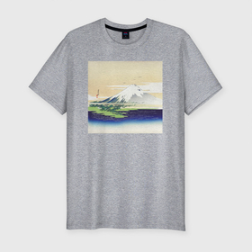 Мужская футболка хлопок Slim с принтом Fuji (Гора Фудзи) в Санкт-Петербурге, 92% хлопок, 8% лайкра | приталенный силуэт, круглый вырез ворота, длина до линии бедра, короткий рукав | japan | винтаж | горы | пейзаж | природа | фудзи | япония | японская | японская анимация | японская эстетика | японский стиль