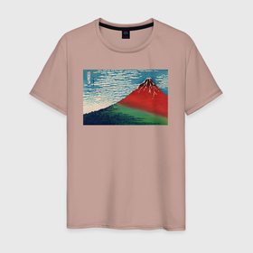 Мужская футболка хлопок с принтом Fine Wind, Clear Morning (Гора Фудзи) в Новосибирске, 100% хлопок | прямой крой, круглый вырез горловины, длина до линии бедер, слегка спущенное плечо. | Тематика изображения на принте: japan | винтаж | горы | пейзаж | природа | фудзи | япония | японская | японская анимация | японская эстетика | японский стиль