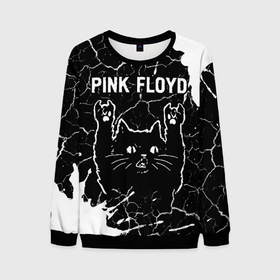 Мужской свитшот 3D с принтом Pink Floyd   Rock Cat в Белгороде, 100% полиэстер с мягким внутренним слоем | круглый вырез горловины, мягкая резинка на манжетах и поясе, свободная посадка по фигуре | Тематика изображения на принте: band | floyd | metal | paint | pink | pink floyd | rock | брызги | группа | кот | краска | пинк | рок | рок кот | флойд