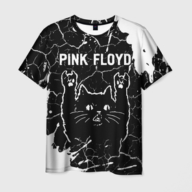 Мужская футболка 3D с принтом Pink Floyd   Rock Cat в Петрозаводске, 100% полиэфир | прямой крой, круглый вырез горловины, длина до линии бедер | Тематика изображения на принте: band | floyd | metal | paint | pink | pink floyd | rock | брызги | группа | кот | краска | пинк | рок | рок кот | флойд