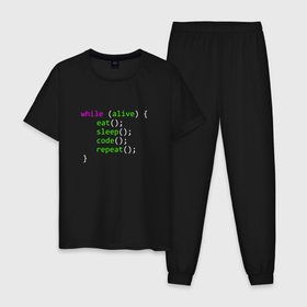 Мужская пижама хлопок с принтом ПРОГРАММИСТ   ЖИЗНЬ В КОДЕ в Екатеринбурге, 100% хлопок | брюки и футболка прямого кроя, без карманов, на брюках мягкая резинка на поясе и по низу штанин
 | code | developer | programmer | айтишник | девелопер | инженер | код | кодинг | программа | программирование | программист | профессия | разработчик | технарь | тыжпрограммист
