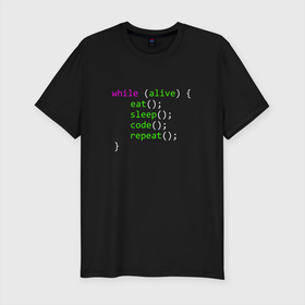 Мужская футболка хлопок Slim с принтом ПРОГРАММИСТ   ЖИЗНЬ В КОДЕ , 92% хлопок, 8% лайкра | приталенный силуэт, круглый вырез ворота, длина до линии бедра, короткий рукав | code | developer | programmer | айтишник | девелопер | инженер | код | кодинг | программа | программирование | программист | профессия | разработчик | технарь | тыжпрограммист