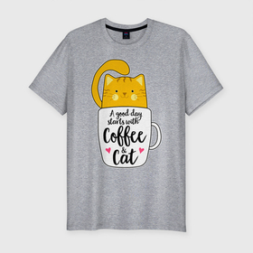 Мужская футболка хлопок Slim с принтом Хорошее утро начинается с кофе и кошек в Тюмени, 92% хлопок, 8% лайкра | приталенный силуэт, круглый вырез ворота, длина до линии бедра, короткий рукав | cat | cats | feline | kitten | kitty | kote | pussy | киса | киска | кисуля | кисуня | кот | котенок | котик | коты | котэ | кошачий | кошечка | кошка