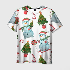 Мужская футболка 3D с принтом НОВОГОДНИЕ ПЕРСОНАЖИ NEW YEARS CHARACTERS в Кировске, 100% полиэфир | прямой крой, круглый вырез горловины, длина до линии бедер | весело | гирлянды | елка | забавный | зима | милый | новый год | подарки | праздник | рождественская елка | рождество | снег | снеговик | снежинка