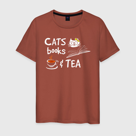 Мужская футболка хлопок с принтом Кошки, Книги и чай в Екатеринбурге, 100% хлопок | прямой крой, круглый вырез горловины, длина до линии бедер, слегка спущенное плечо. | Тематика изображения на принте: cat | cats | feline | kitten | kitty | kote | pussy | киса | киска | кисуля | кисуня | кот | котенок | котик | коты | котэ | кошачий | кошечка | кошка