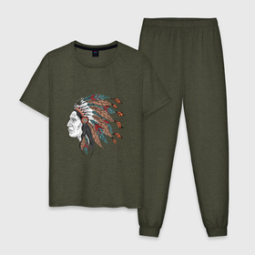 Мужская пижама хлопок с принтом СТАРИК ИНДЕЕЦ , 100% хлопок | брюки и футболка прямого кроя, без карманов, на брюках мягкая резинка на поясе и по низу штанин
 | Тематика изображения на принте: америка | апачи | индеец | коренной | племенной | племя | старик | узор