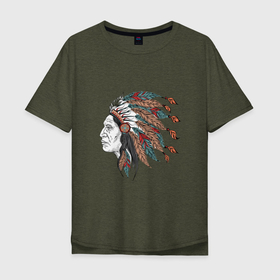 Мужская футболка хлопок Oversize с принтом СТАРИК ИНДЕЕЦ в Санкт-Петербурге, 100% хлопок | свободный крой, круглый ворот, “спинка” длиннее передней части | америка | апачи | индеец | коренной | племенной | племя | старик | узор