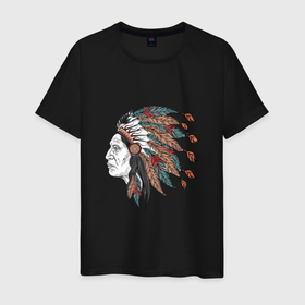 Мужская футболка хлопок с принтом СТАРИК ИНДЕЕЦ в Тюмени, 100% хлопок | прямой крой, круглый вырез горловины, длина до линии бедер, слегка спущенное плечо. | Тематика изображения на принте: америка | апачи | индеец | коренной | племенной | племя | старик | узор