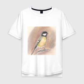 Мужская футболка хлопок Oversize с принтом Большая синица в стиле пастель в Тюмени, 100% хлопок | свободный крой, круглый ворот, “спинка” длиннее передней части | bird | большая | орнитология | пастельный | птица | рисунок | синица