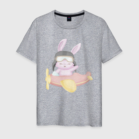 Мужская футболка хлопок с принтом Милый Крольчонок На Самолётике , 100% хлопок | прямой крой, круглый вырез горловины, длина до линии бедер, слегка спущенное плечо. | animals | beast | cute | hare | rabbit | животные | заяц | звери | кролик | крольчонок | милый