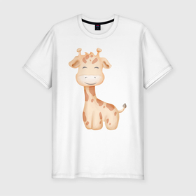 Мужская футболка хлопок Slim с принтом Милый Жирафик Смеётся в Курске, 92% хлопок, 8% лайкра | приталенный силуэт, круглый вырез ворота, длина до линии бедра, короткий рукав | animals | beast | cute | giraffe | животные | жираф | жирафик | звери | милый