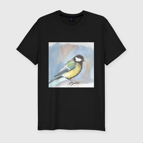 Мужская футболка хлопок Slim с принтом Большая синица в стиле гуашь в Тюмени, 92% хлопок, 8% лайкра | приталенный силуэт, круглый вырез ворота, длина до линии бедра, короткий рукав | bird | большая | гуашь | орнитология | птица | синица