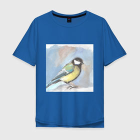 Мужская футболка хлопок Oversize с принтом Большая синица в стиле гуашь в Тюмени, 100% хлопок | свободный крой, круглый ворот, “спинка” длиннее передней части | Тематика изображения на принте: bird | большая | гуашь | орнитология | птица | синица