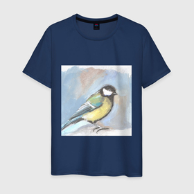 Мужская футболка хлопок с принтом Большая синица в стиле гуашь в Тюмени, 100% хлопок | прямой крой, круглый вырез горловины, длина до линии бедер, слегка спущенное плечо. | bird | большая | гуашь | орнитология | птица | синица