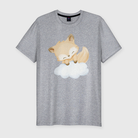 Мужская футболка хлопок Slim с принтом Милый Лисёнок На Облаке в Новосибирске, 92% хлопок, 8% лайкра | приталенный силуэт, круглый вырез ворота, длина до линии бедра, короткий рукав | animals | beast | cute | fox | животные | звери | лиса | лисёнок | милый