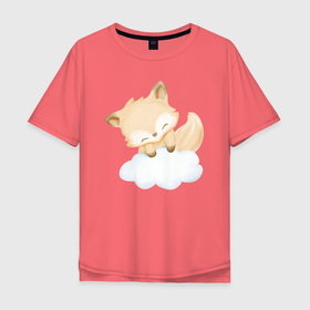 Мужская футболка хлопок Oversize с принтом Милый Лисёнок На Облаке , 100% хлопок | свободный крой, круглый ворот, “спинка” длиннее передней части | Тематика изображения на принте: animals | beast | cute | fox | животные | звери | лиса | лисёнок | милый