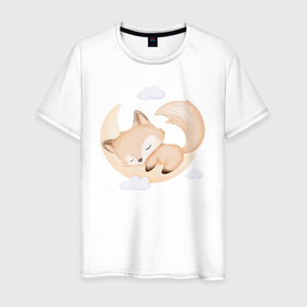 Мужская футболка хлопок с принтом Милый Лисёнок Спит На Месяце в Санкт-Петербурге, 100% хлопок | прямой крой, круглый вырез горловины, длина до линии бедер, слегка спущенное плечо. | animals | beast | cute | fox | животные | звери | лиса | лисёнок | милый