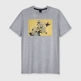 Мужская футболка хлопок Slim с принтом Hydrangea and Swallow (Ласточка) в Курске, 92% хлопок, 8% лайкра | приталенный силуэт, круглый вырез ворота, длина до линии бедра, короткий рукав | japan | винтаж | картины | ласточка | птицы | япония | японская анимация | японская эстетика | японский стиль