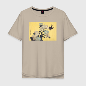 Мужская футболка хлопок Oversize с принтом Hydrangea and Swallow (Ласточка) в Тюмени, 100% хлопок | свободный крой, круглый ворот, “спинка” длиннее передней части | japan | винтаж | картины | ласточка | птицы | япония | японская анимация | японская эстетика | японский стиль