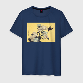 Мужская футболка хлопок с принтом Hydrangea and Swallow (Ласточка) в Екатеринбурге, 100% хлопок | прямой крой, круглый вырез горловины, длина до линии бедер, слегка спущенное плечо. | japan | винтаж | картины | ласточка | птицы | япония | японская анимация | японская эстетика | японский стиль