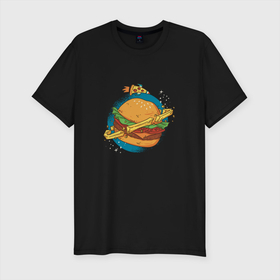 Мужская футболка хлопок Slim с принтом Бургер Планета | Planet Burger в Курске, 92% хлопок, 8% лайкра | приталенный силуэт, круглый вырез ворота, длина до линии бедра, короткий рукав | bacon | bun | cheese | fast  food | hamburger | patty | rocket | salad | salade | sauce | stars | бекон | биг мак | гамбургер | жареная картошка | звёзды | картофель | картошечка | картошка фри | космический бургер | космос | котлета | л