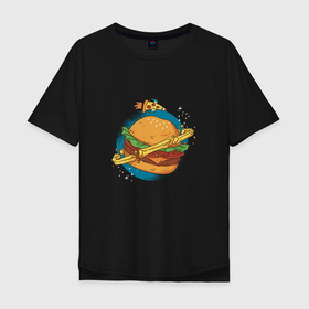Мужская футболка хлопок Oversize с принтом Бургер Планета | Planet Burger в Белгороде, 100% хлопок | свободный крой, круглый ворот, “спинка” длиннее передней части | bacon | bun | cheese | fast  food | hamburger | patty | rocket | salad | salade | sauce | stars | бекон | биг мак | гамбургер | жареная картошка | звёзды | картофель | картошечка | картошка фри | космический бургер | космос | котлета | л