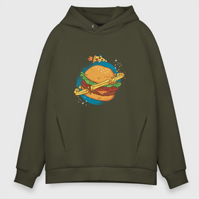 Мужское худи Oversize хлопок с принтом Бургер Планета | Planet Burger в Курске, френч-терри — 70% хлопок, 30% полиэстер. Мягкий теплый начес внутри —100% хлопок | боковые карманы, эластичные манжеты и нижняя кромка, капюшон на магнитной кнопке | Тематика изображения на принте: bacon | bun | cheese | fast  food | hamburger | patty | rocket | salad | salade | sauce | stars | бекон | биг мак | гамбургер | жареная картошка | звёзды | картофель | картошечка | картошка фри | космический бургер | космос | котлета | л