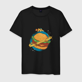 Мужская футболка хлопок с принтом Бургер Планета | Planet Burger в Санкт-Петербурге, 100% хлопок | прямой крой, круглый вырез горловины, длина до линии бедер, слегка спущенное плечо. | bacon | bun | cheese | fast  food | hamburger | patty | rocket | salad | salade | sauce | stars | бекон | биг мак | гамбургер | жареная картошка | звёзды | картофель | картошечка | картошка фри | космический бургер | космос | котлета | л